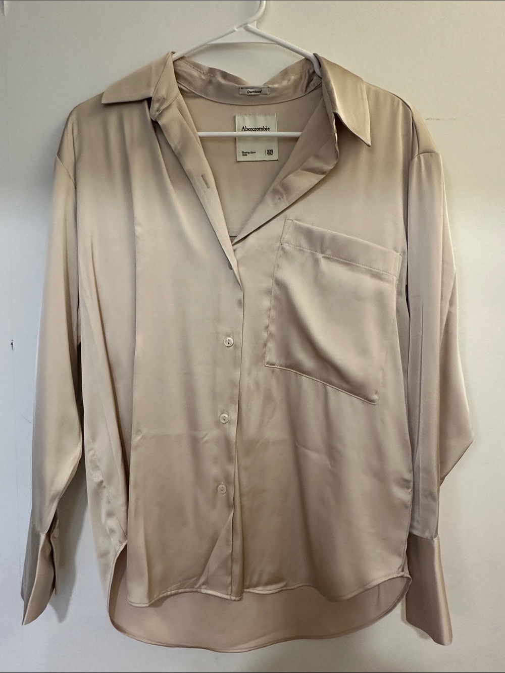 Abercrombie & Fitch Oversized Satin Button-Up in Soft Beige